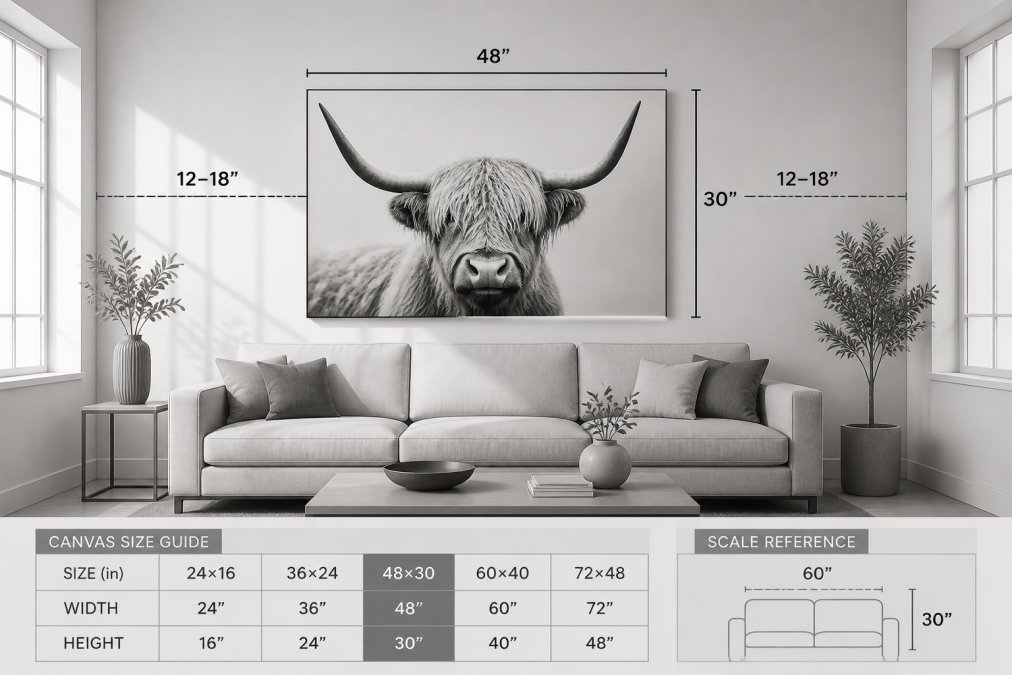 A bright, modern living room with a large canvas print of a Highland cow centered above a light grey sofa, showing proportionate wall art placement with generous negative space on either side and warm afternoon light coming through side windows