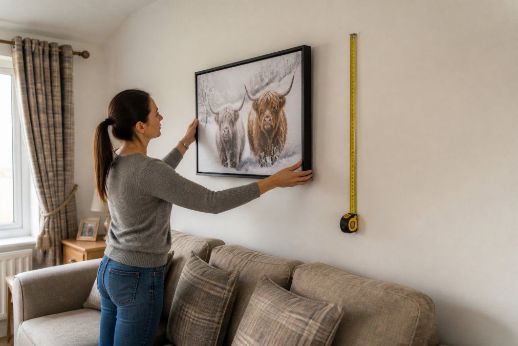 A person standing beside a cream-painted living room wall, holding a framed canvas at eye level to demonstrate correct hanging height, with a yellow measuring tape visible against the wall and a sofa visible in the background