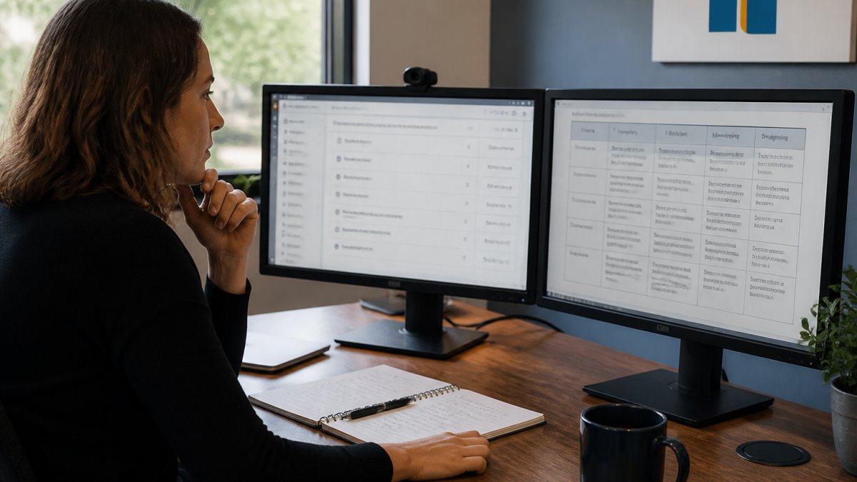 An instructional designer at a desk with two monitors, one showing a course module layout and the other showing a grading rubric, with a notebook and coffee nearby