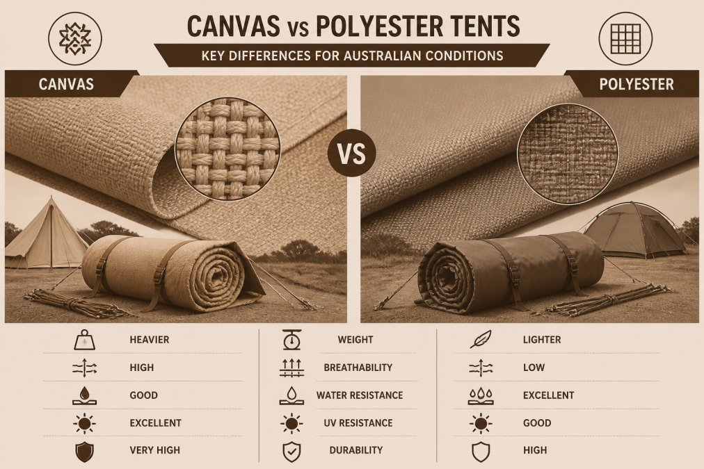 Close-up of canvas and polyester fabric samples side by side, showing distinct weave patterns and texture differences, with rolled camping tents and guy lines visible in natural outdoor lighting