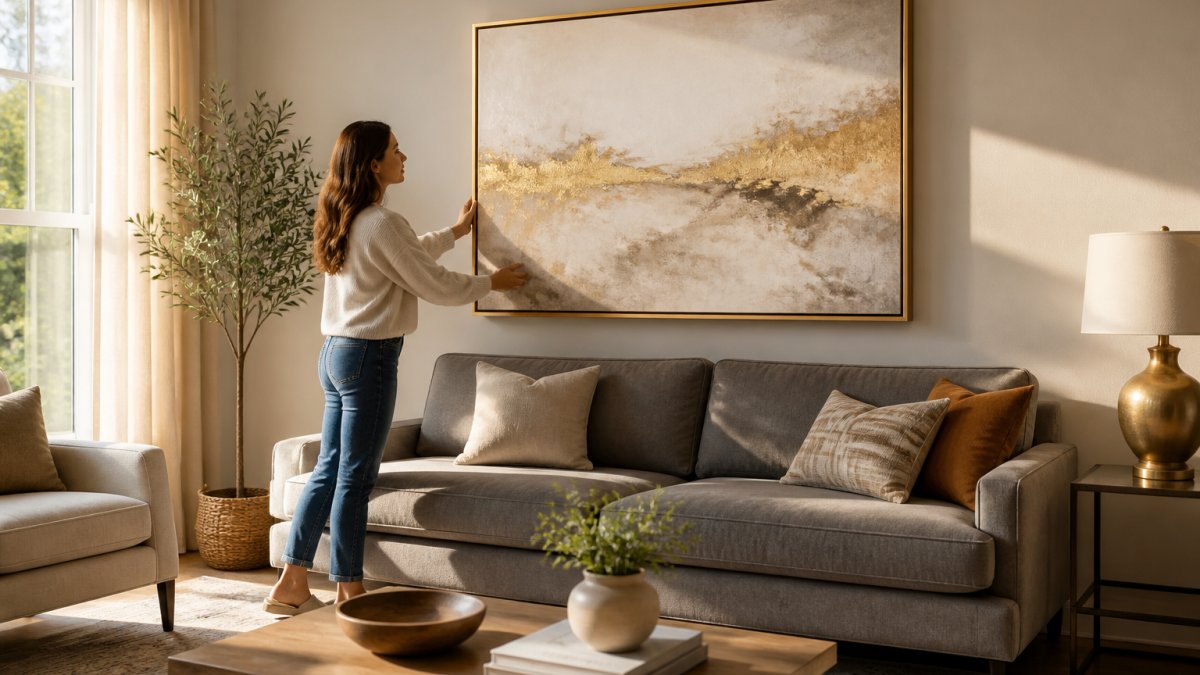 A bright living room with a large gold-framed abstract canvas centered above a gray sofa, coffee table in the foreground, natural light from a side window