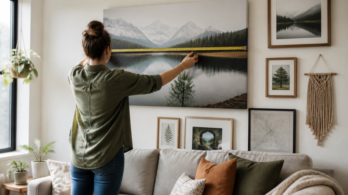 Person measuring a large canvas print against a living room wall to plan custom decor placement