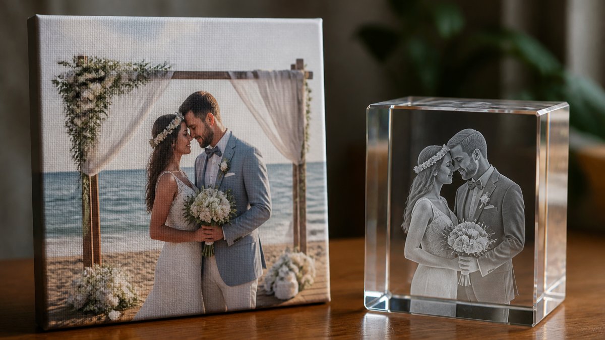 Close-up of a 3D laser-engraved crystal cube displaying a wedding photo inside, positioned on a wooden surface with soft natural lighting highlighting the depth effect and image clarity