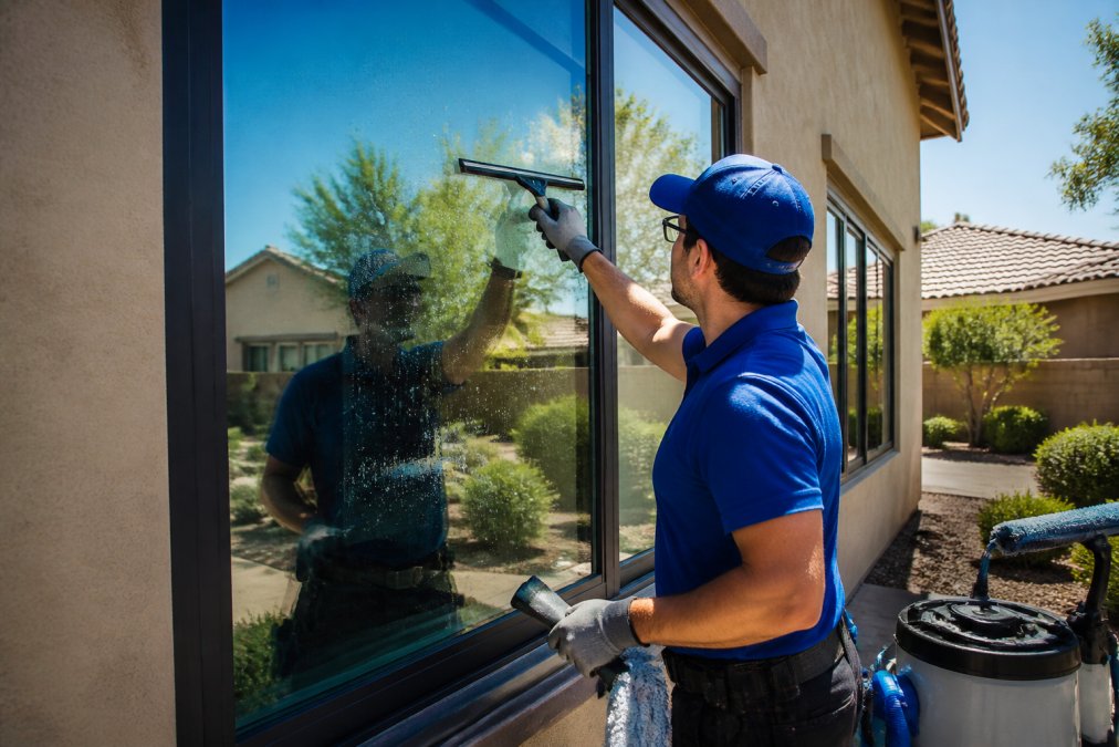 Professional cleaner using squeegee and professional-grade equipment to clean large residential window, with clear reflections of landscaping and blue sky visible on spotless glass, morning sunlight illuminating the work