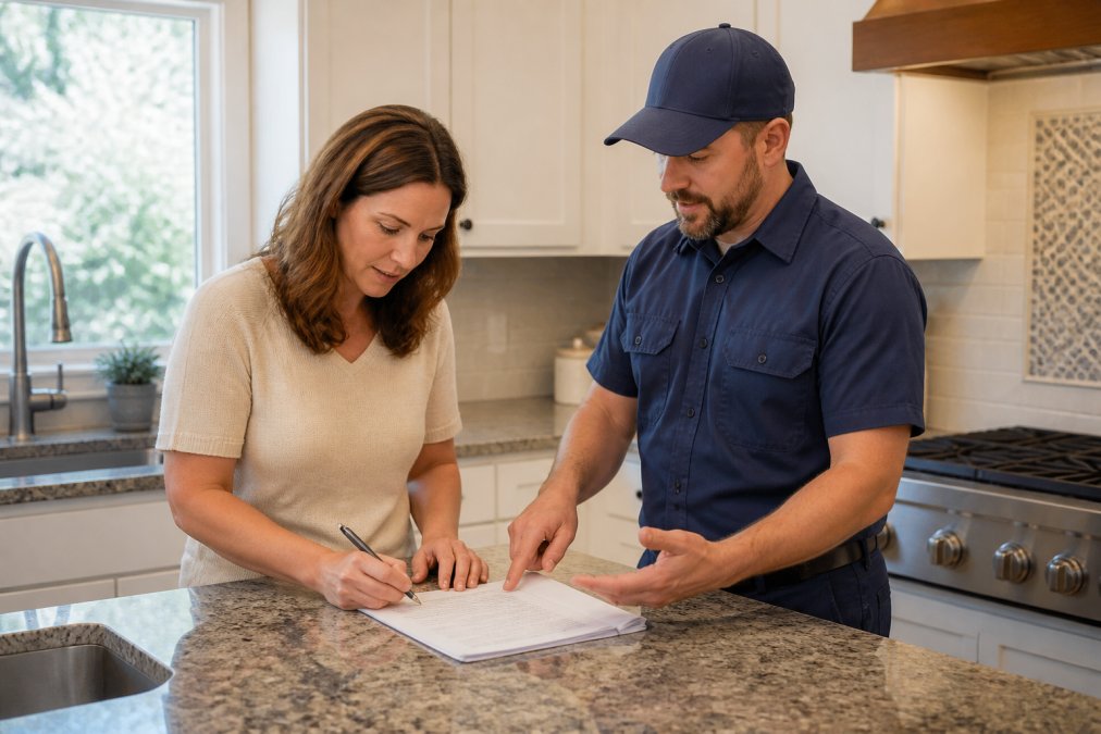 Homeowner reviewing written estimate and taking notes while a licensed plumber explains the work scope and timeline in a residential kitchen