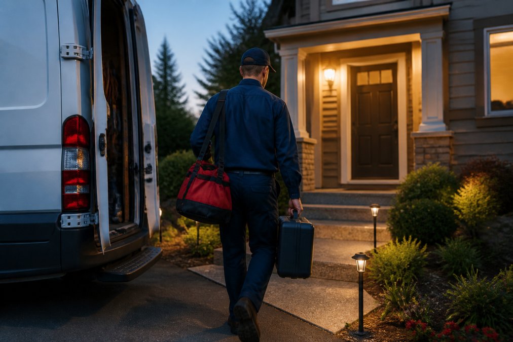 Licensed plumber in uniform arriving at residential home with service van, carrying professional tools and equipment toward the front entrance in evening light