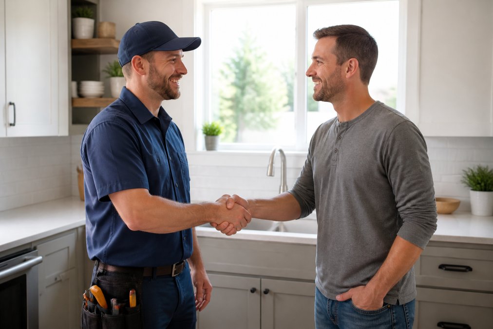Professional plumber in work uniform shaking hands with satisfied homeowner in modern kitchen, both smiling, natural sunlight from window