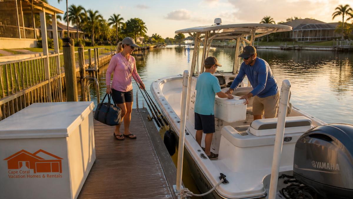 Family loading fishing gear onto a boat at a private Cape Coral boat dock rental at sunrise.