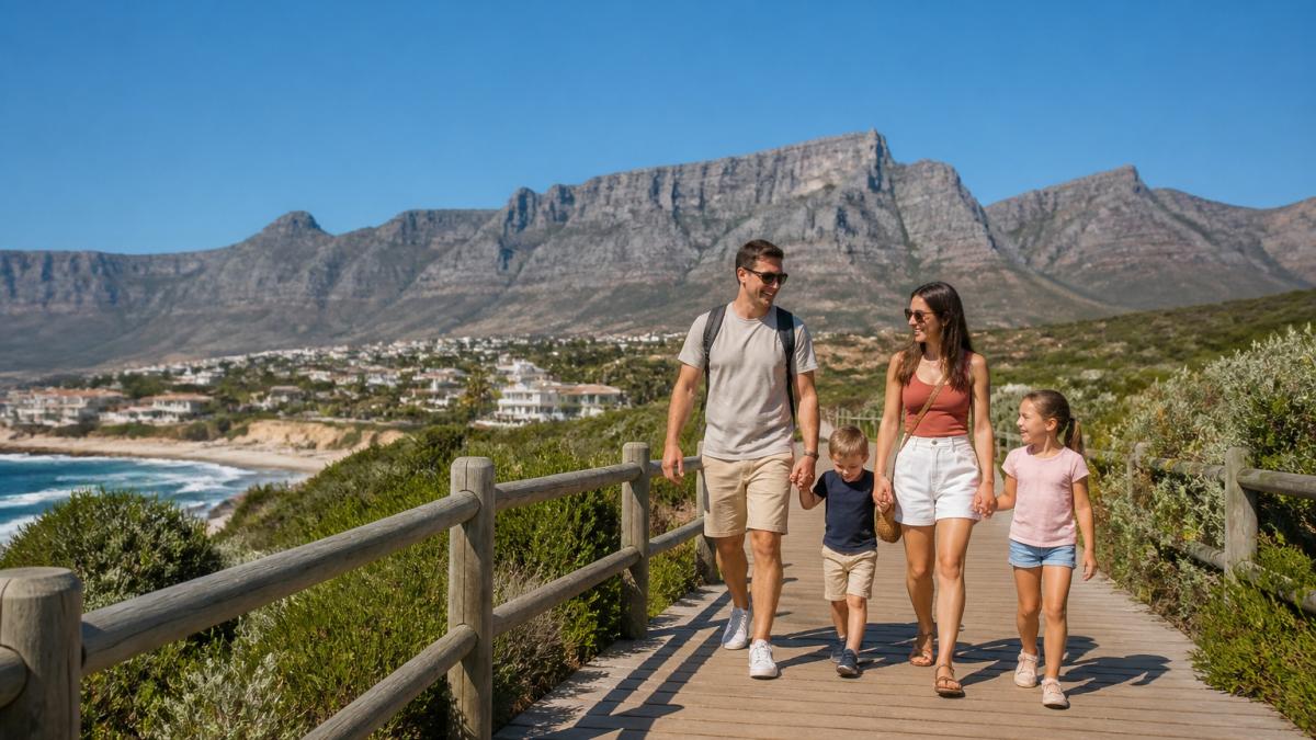 Infographic showing cape town travel tips for families near a family walking toward Table Mountain on a boardwalk.