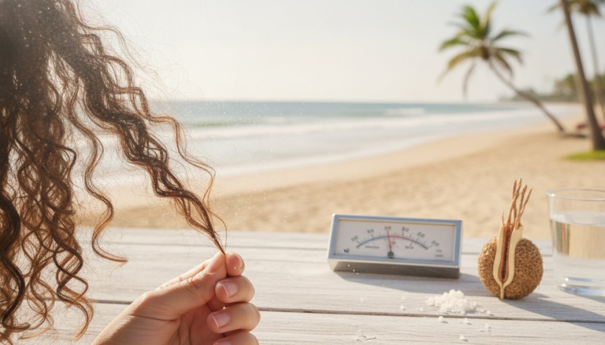 Primo piano di capelli crespi bagnati dall'umidità estiva con gocce d'acqua visibili e texture gonfia, in una giornata soleggiata