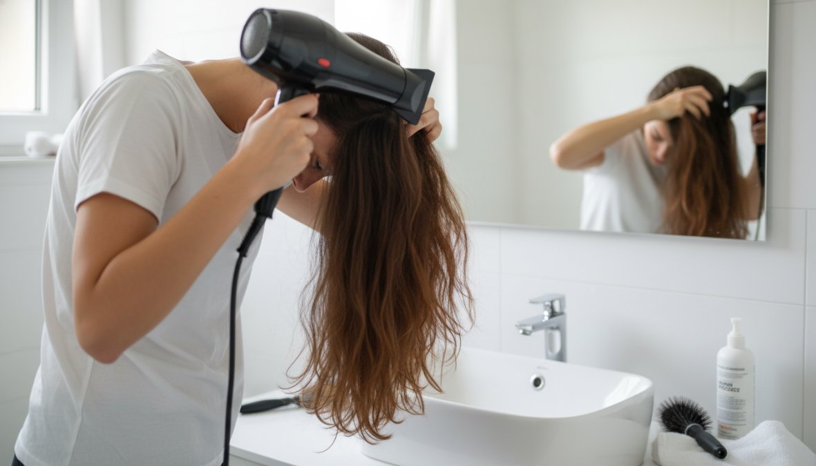 Donna con capelli lunghi castani che asciuga i capelli a testa in giù con un phon professionale tenuto a distanza di sicurezza, in un bagno luminoso con grande specchio e luce naturale che filtra dalla finestra