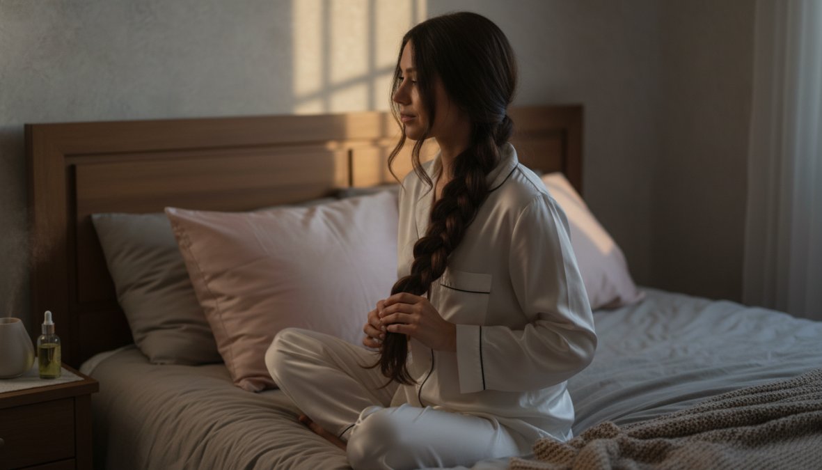 Donna con capelli lunghi biondi raccolti in una treccia morbida laterale, seduta sul bordo di un letto con coperta beige, con un cuscino in raso color champagne visibile sullo sfondo e luce calda serale che filtra da un abat-jour