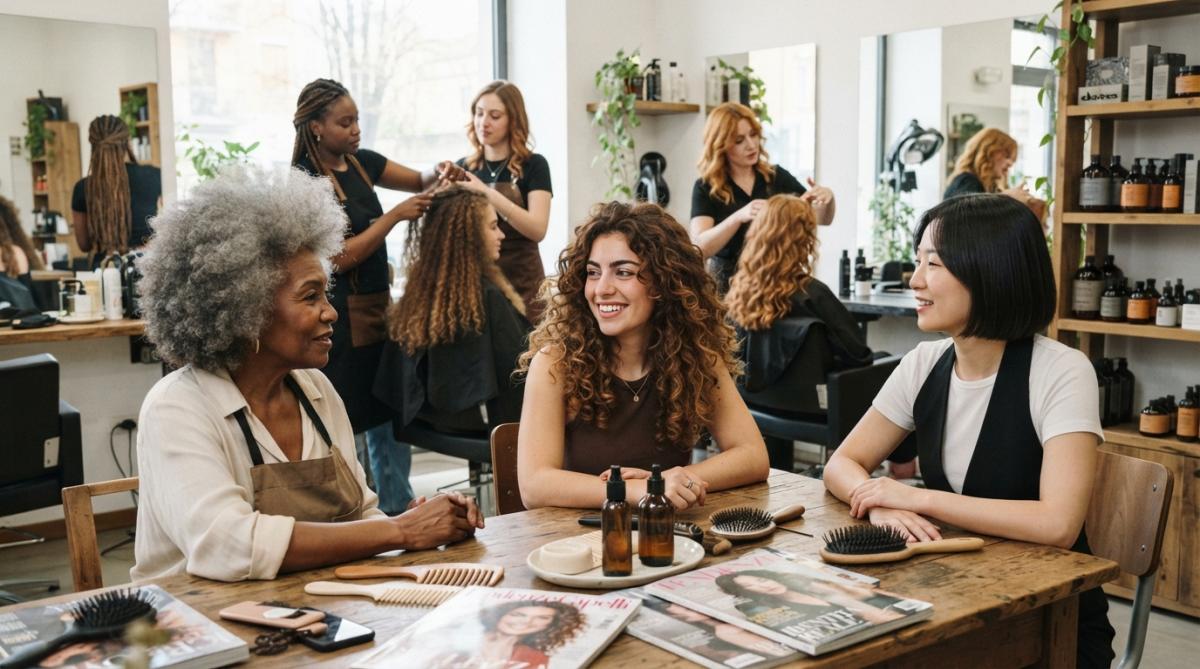 Diverse persone di diverse età e genere con diversi tagli e colori di capelli che si guardano nello specchio con espressioni di fiducia, illuminazione naturale da finestra in uno spazio minimalista