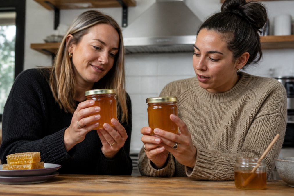 Close-up of hands holding two honey jars side by side, one with a visible MGO rating label and one without, on a wooden kitchen counter with natural light