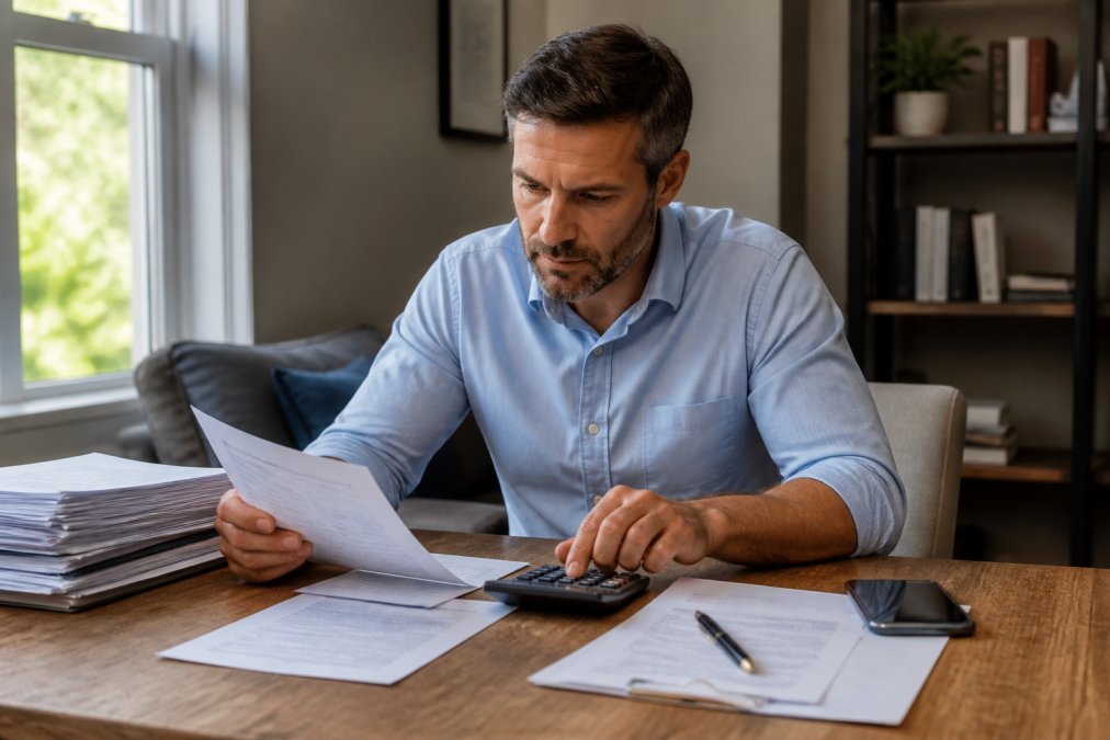 Real estate investor reviewing property documents, loan paperwork, and financial calculations at a wooden desk with a calculator and phone, showing focused decision-making in a professional home office setting with natural window lighting