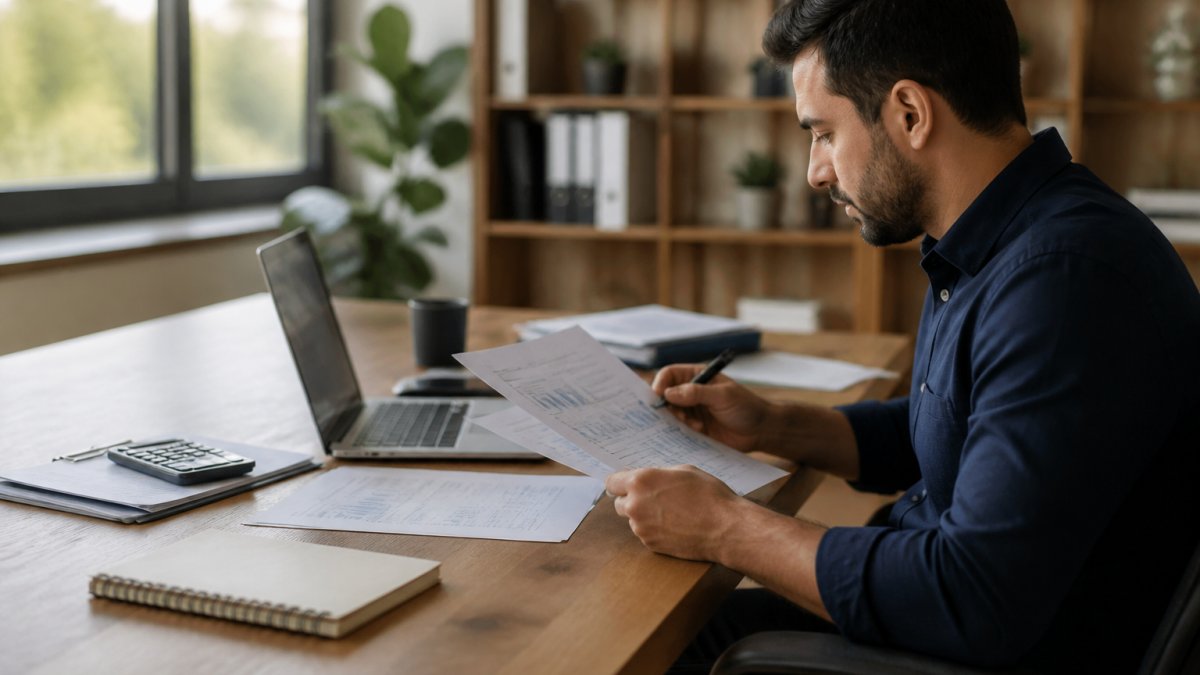 Business owner reviewing financial documents and sales data on a laptop while planning expansion strategy at their desk in a modern office setting with natural window lighting
