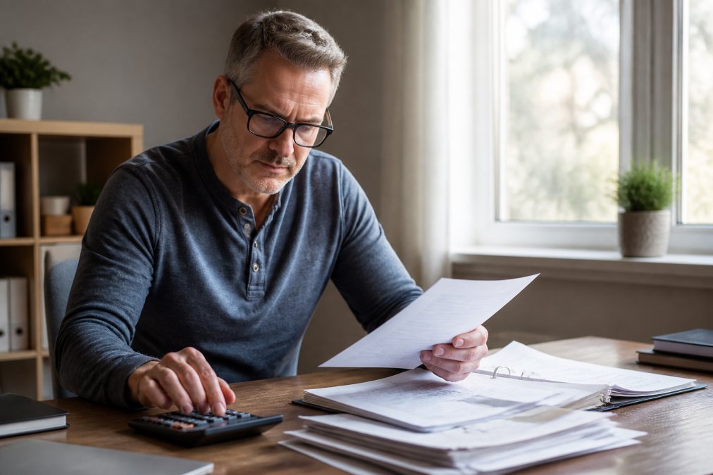 Person sitting at desk with tax documents, calculator, and laptop reviewing inherited property financial records and capital gains calculations with natural window lighting