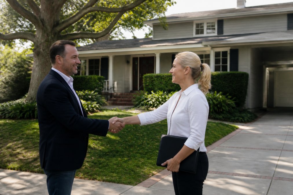 Real estate professional and homeowner shaking hands in front of residential property with mature landscaping and warm afternoon sunlight, representing successful inherited property transaction