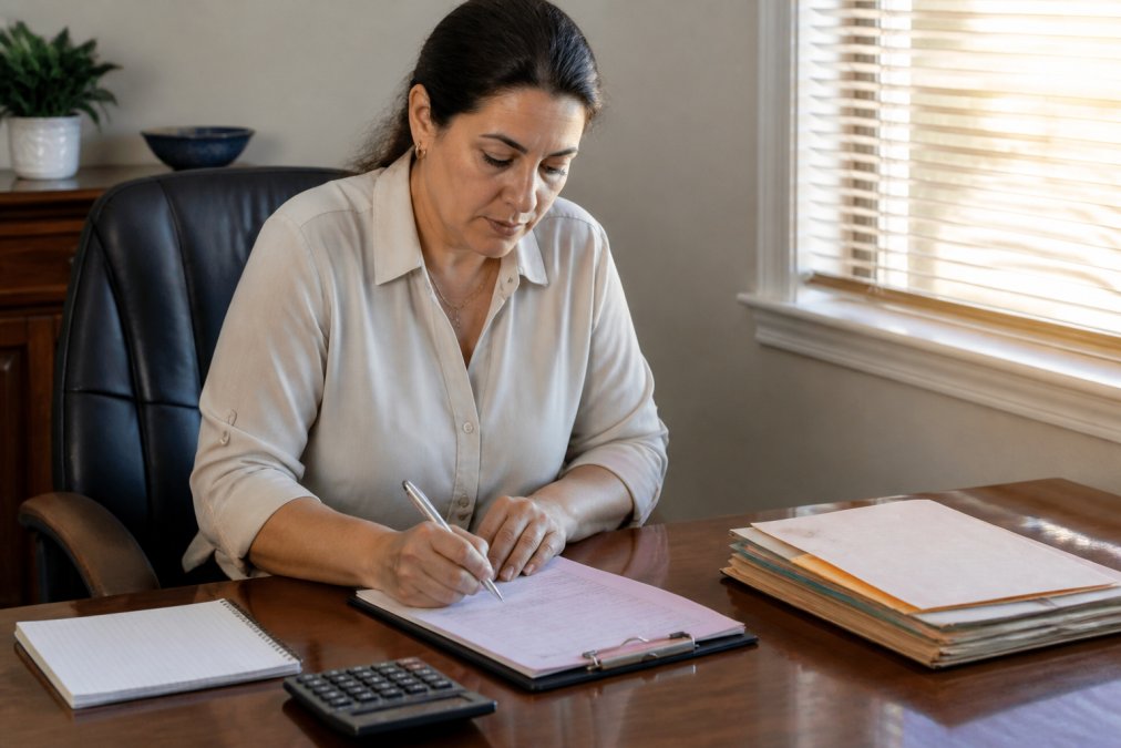 A woman in a modest office reviewing bail bond paperwork at a wooden desk, calculator and notepad beside her, warm afternoon light through window blinds