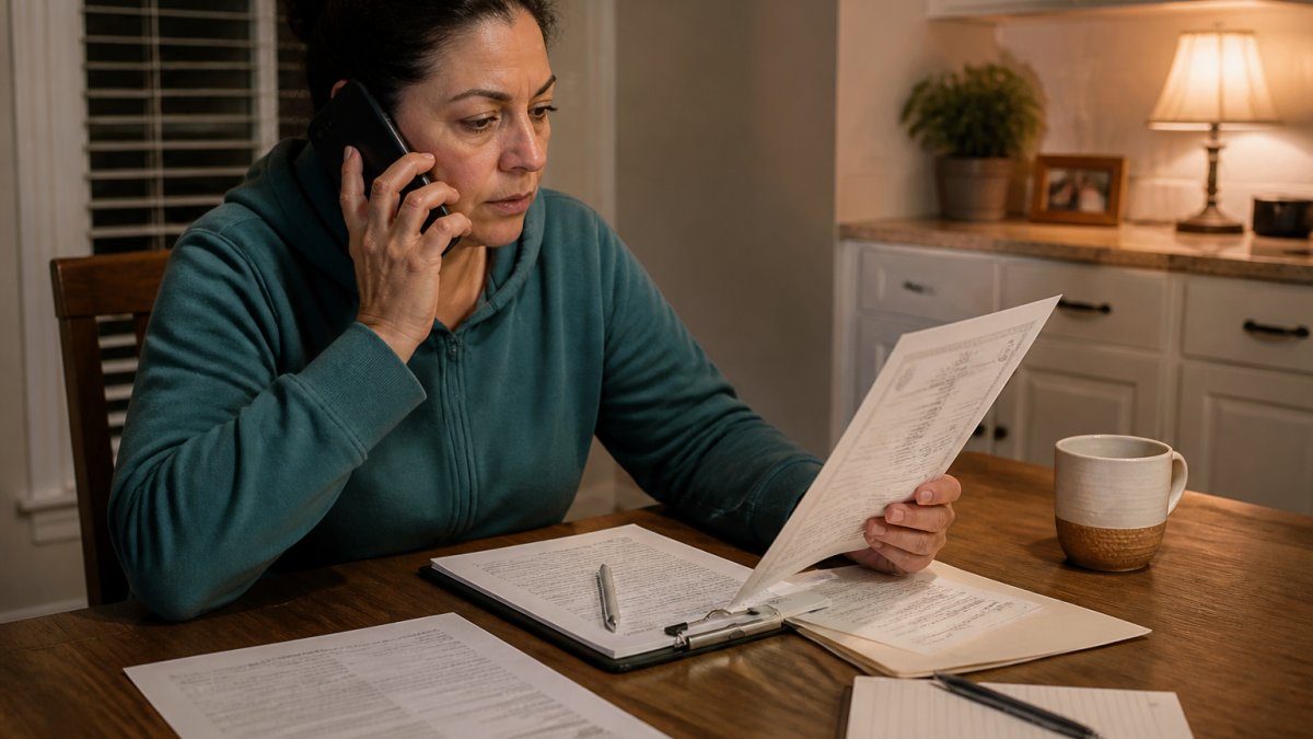 A person at a kitchen table reviewing official paperwork and a license printout with a phone in hand, warm lamp lighting suggesting a late-night call