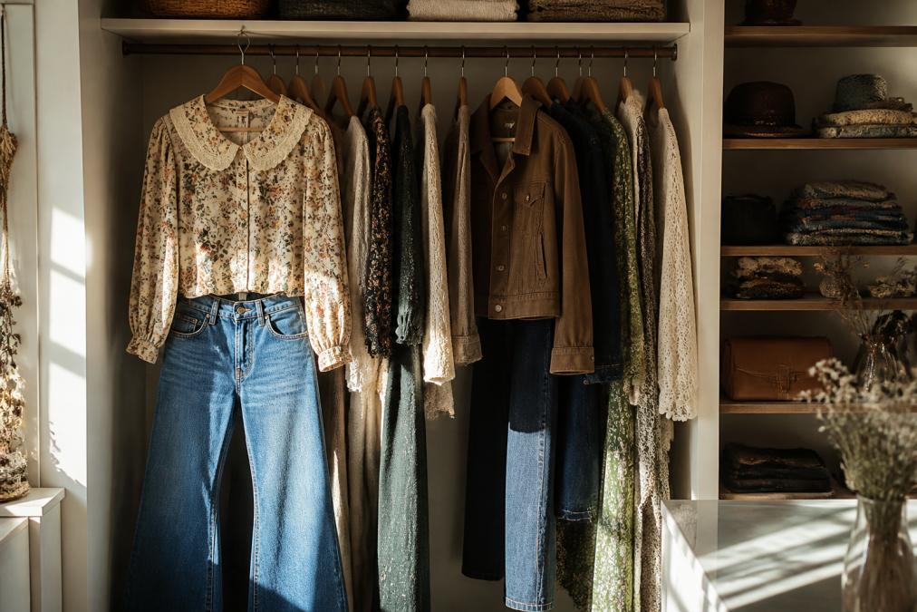 A neatly organized closet displaying a curated collection of vintage-inspired clothing, including high-waisted flare jeans, a floral poet collar blouse, and a structured jacket on wooden hangers, bathed in soft morning light