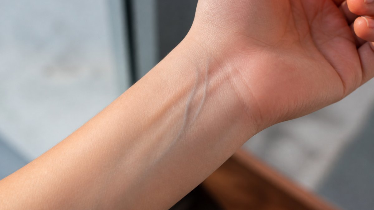 Close-up of person's wrist showing veins against skin in natural daylight, demonstrating vein test method for determining skin undertone