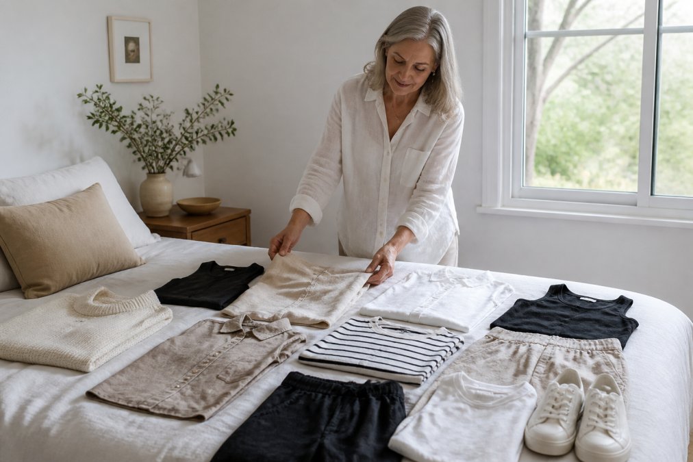 A woman in her late fifties standing in a bright bedroom, laying out a small curated collection of neutral linen and cotton garments on a bed, soft natural light through a window