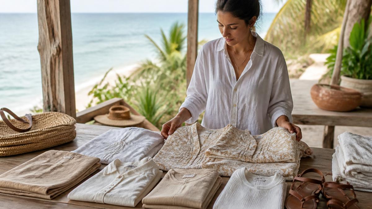 Flat lay of neatly folded lightweight cotton pieces in coordinated neutral and cream tones, including a hand block-printed kaftan, linen shirt, and tank top arranged on a light wooden surface with a tropical beach scene softly visible in the background