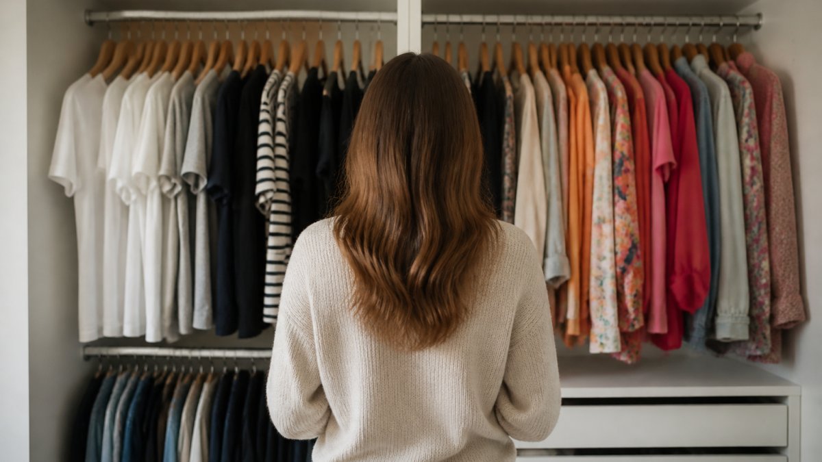 Infographic comparing a neutral capsule wardrobe with colorful seasonal clothing items in a closet.