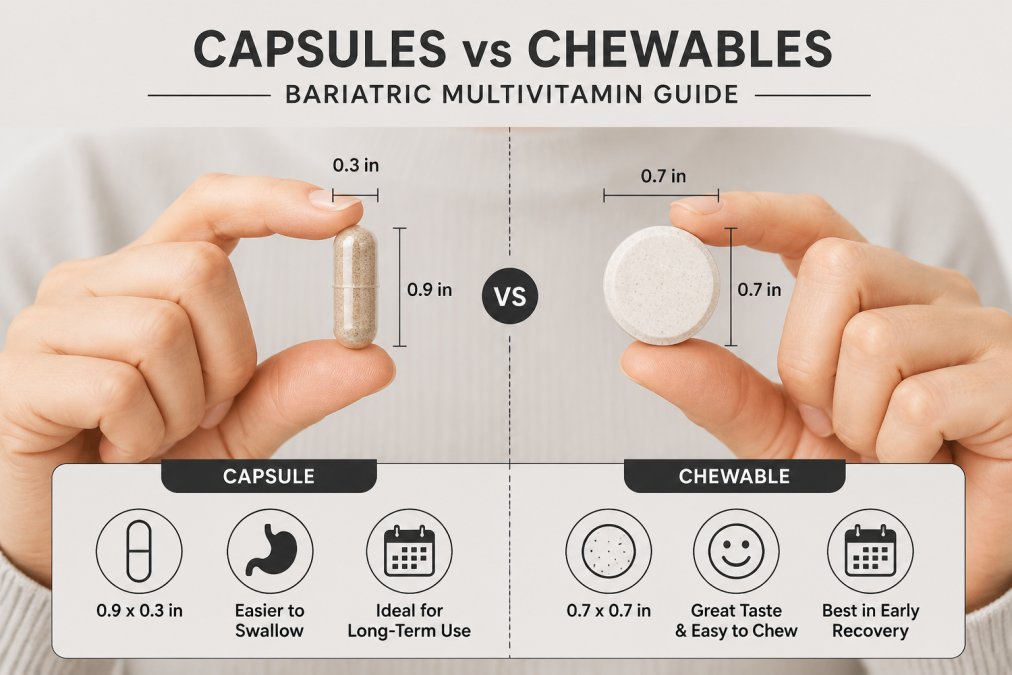 Person holding a bariatric multivitamin capsule and chewable tablet side by side in natural light, showing the visual difference in form and size
