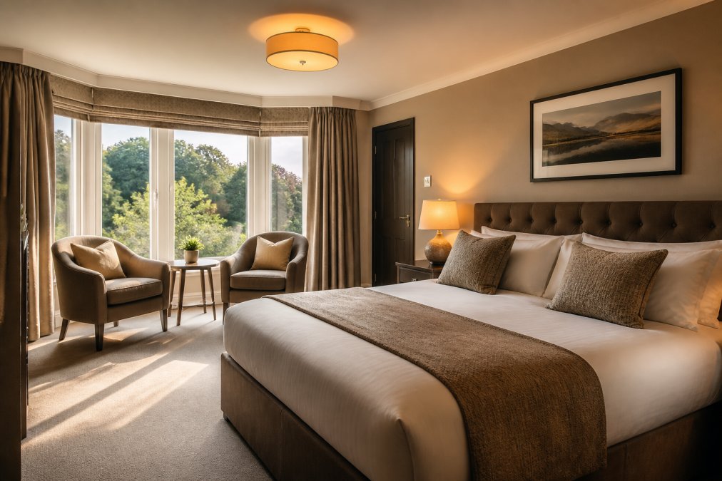 Bright, welcoming hotel bedroom bathed in natural light streaming through large windows, with warm amber glow from bedside lamps and ambient ceiling fixtures creating layered lighting, soft shadows falling across luxury linens and a comfortable seating area