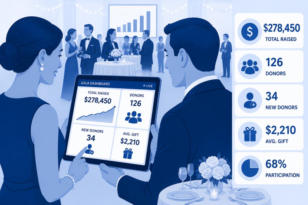 Nonprofit staff member and donor reviewing event data on a tablet during a gala reception, with elegant table settings and other attendees in conversation in the background
