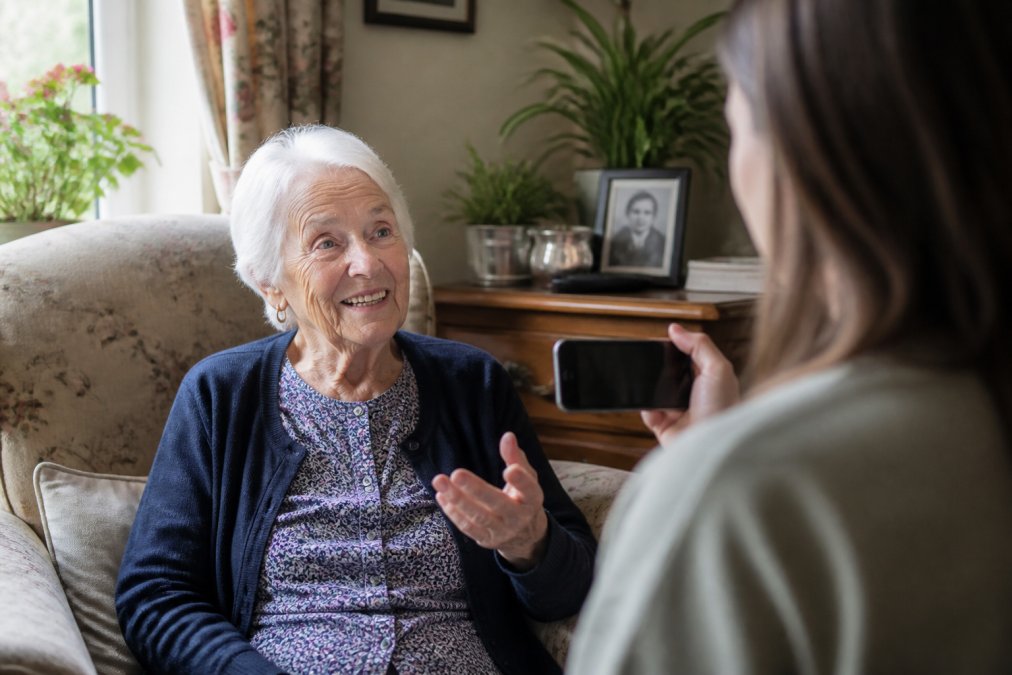 An elderly woman sitting comfortably in a cosy living room, smiling and talking, while a younger family member holds a smartphone to record her words. Natural light, warm atmosphere.