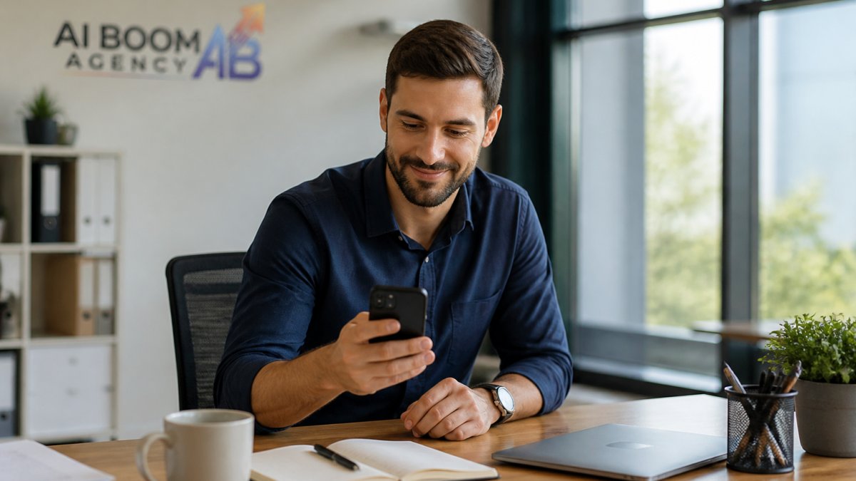 Business owner using a smartphone to capture more leads 24/7 support with a satisfied smile at a modern desk