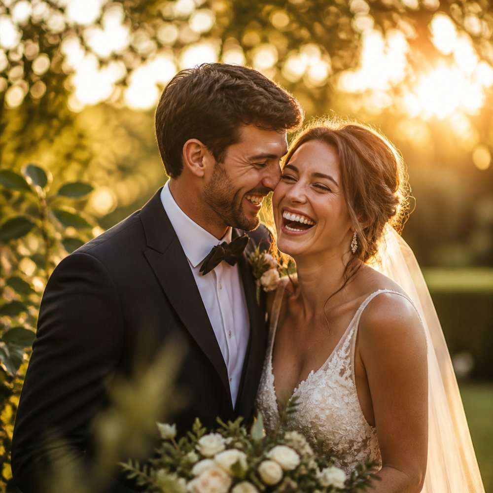 Bride and groom laughing together during golden hour with soft warm light streaming across their faces, blurred garden and trees in background, capturing genuine unposed emotion