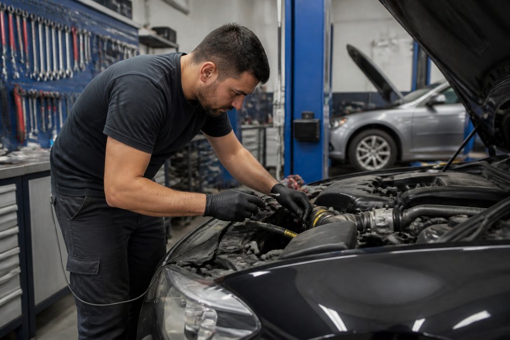 ASE-certified mechanic using a diagnostic scanner on a luxury car AC system in an auto repair shop