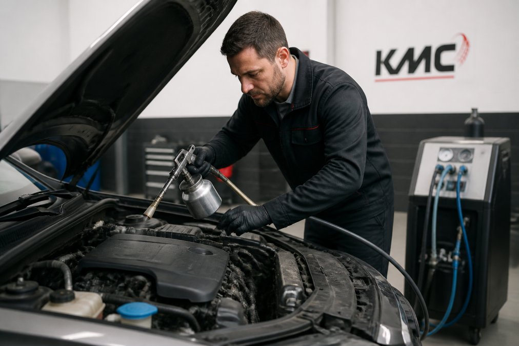 Professional illustration showing Skilled for car AC smells musty after winter