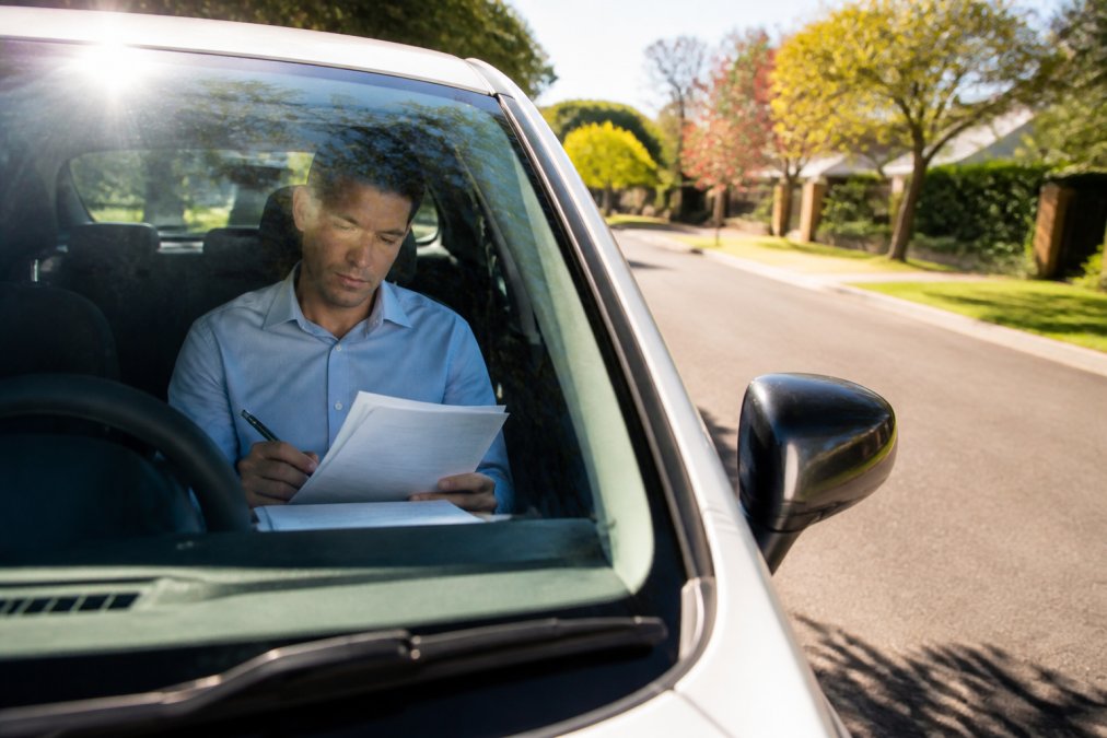 Professional illustration showing driver and sitting and parked concepts for fault determination rules