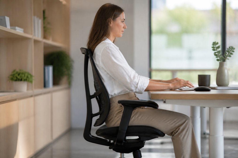 Professional seated at ergonomic workspace with proper lumbar support, adjustable desk height, and neutral spine positioning during work