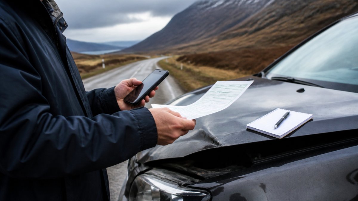 A driver standing beside a car with minor front-end damage on a single-track road in the Scottish Highlands, holding a smartphone and reading insurance details from a document, notebook and pen on the bonnet, overcast grey sky