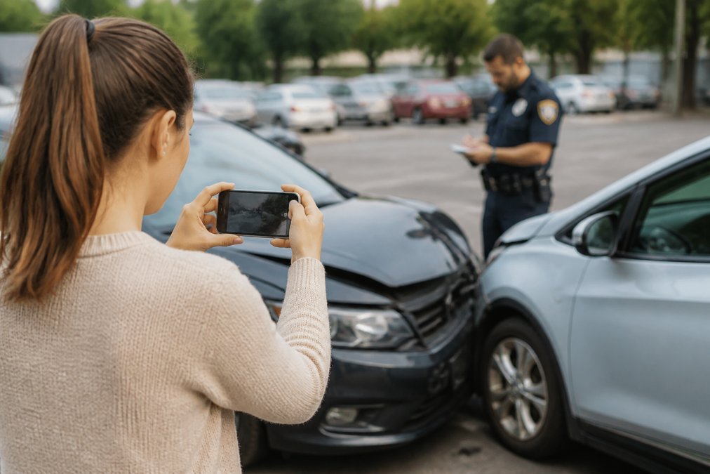 Person at accident scene taking photographs of vehicle damage with smartphone, with police officer visible in background conducting investigation