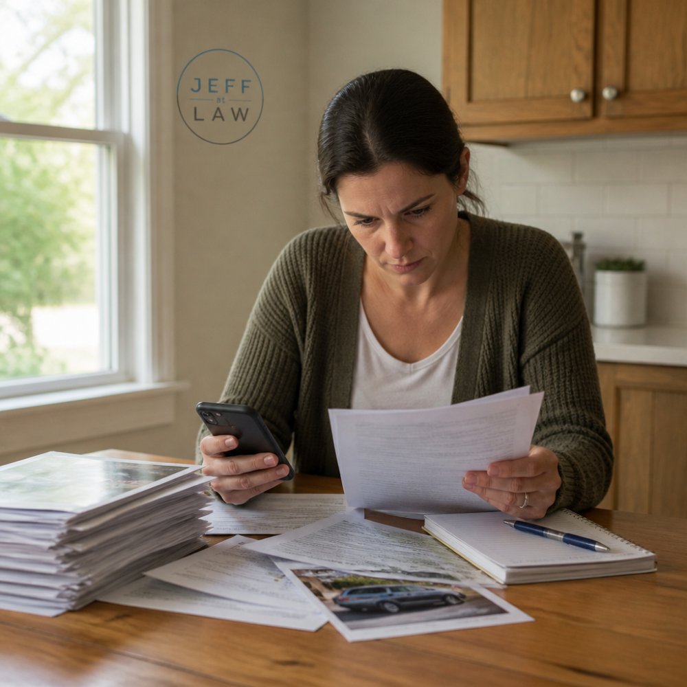 A person sitting at a kitchen table reviewing a stack of accident paperwork and a phone, with a notepad and pen nearby, natural daylight from a window