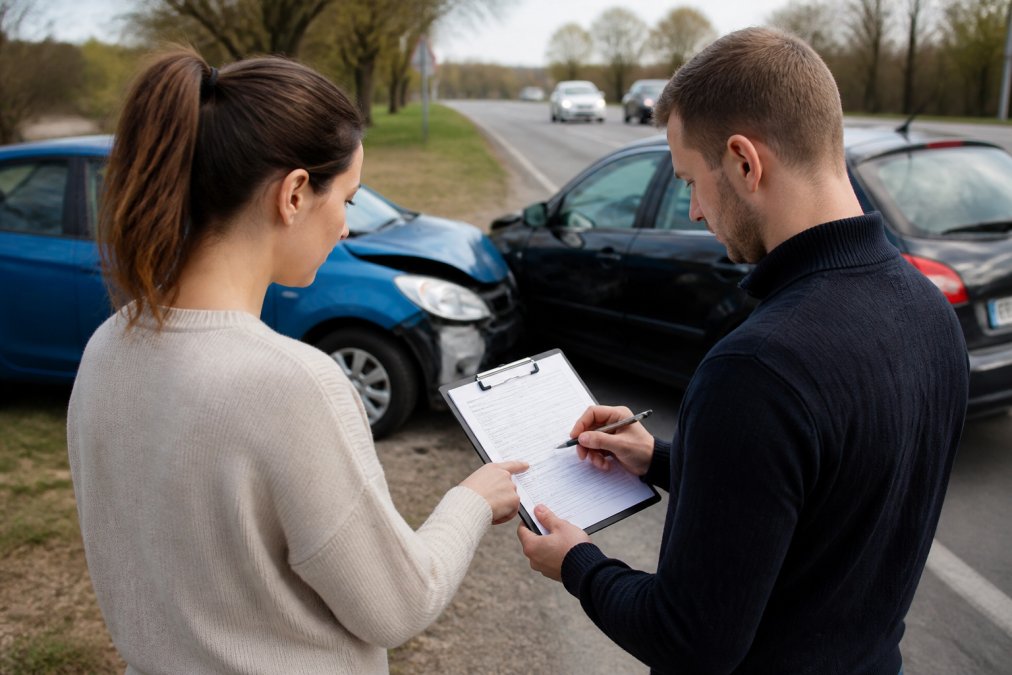 Two drivers exchanging details at the roadside near their damaged vehicles, one holding a clipboard with accident information form, both standing safely away from traffic with the accident scene visible in background