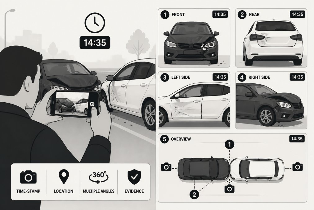 Person photographing vehicle damage with a smartphone, capturing time-stamped images of accident scene from multiple angles showing vehicle positioning and damage severity