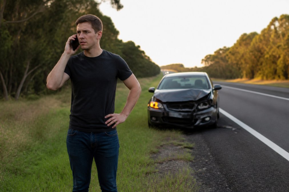A person standing safely on the grass verge of a road, holding a mobile phone to their ear, with a damaged car on the shoulder behind them and hazard lights flashing in late afternoon light