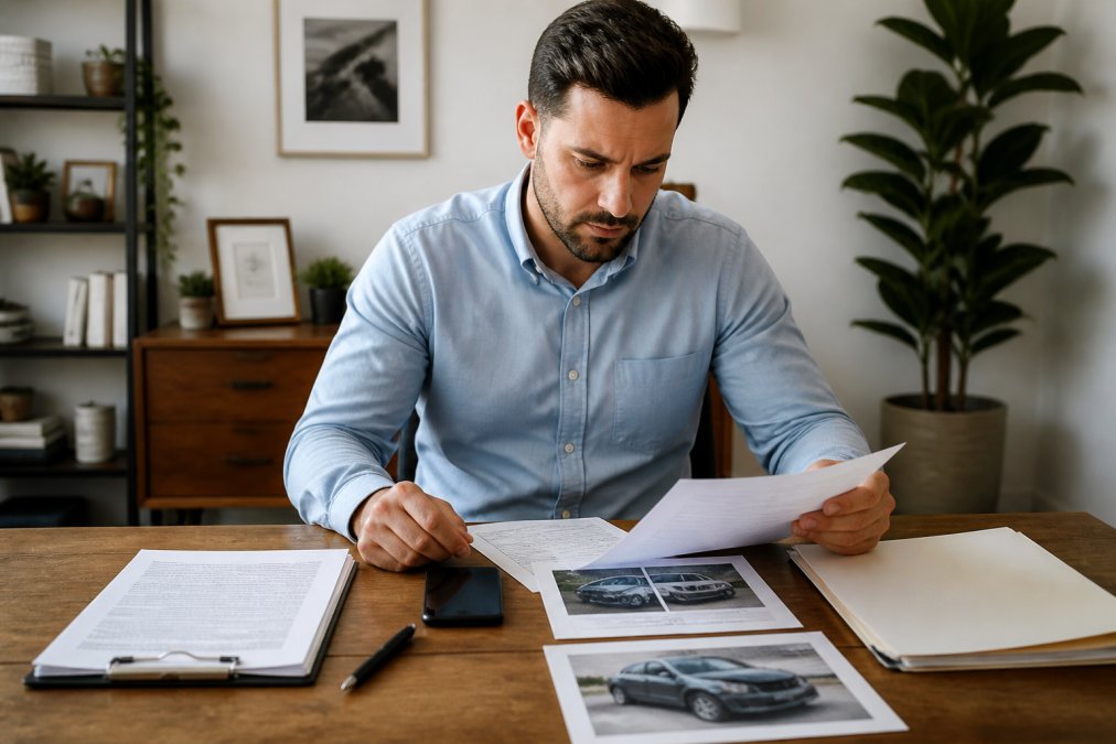 Professional sitting at desk reviewing insurance documents, medical records, and accident photos with a phone nearby, preparing for a call with an insurance adjuster in a bright, organized home office