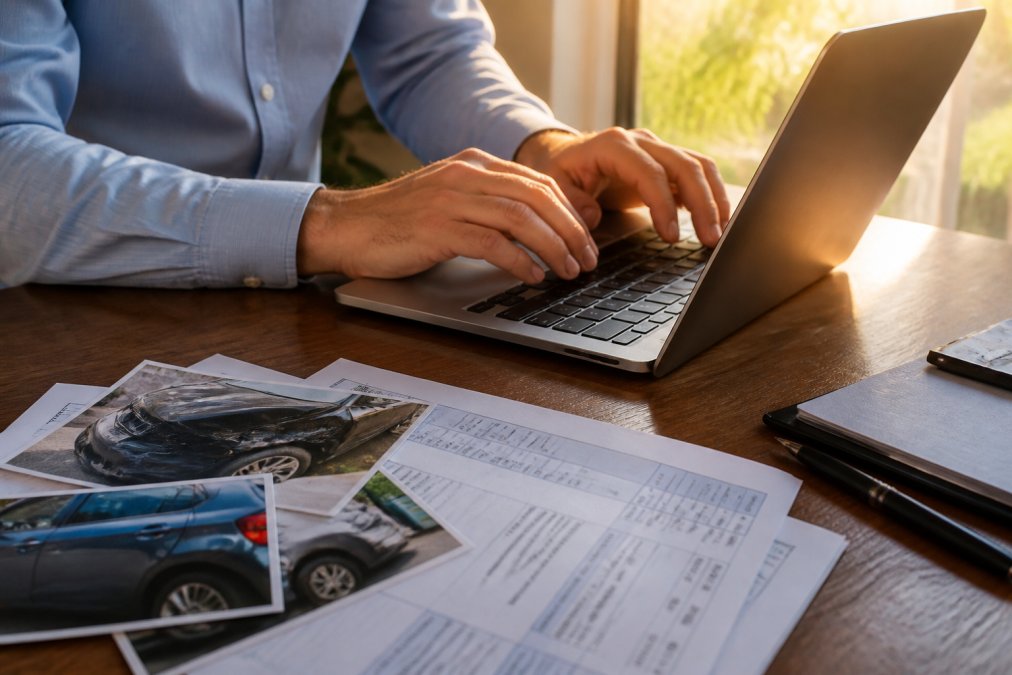 Close-up of hands typing a formal letter on a laptop keyboard with accident scene photos and medical bills spread across the desk, natural afternoon light from window
