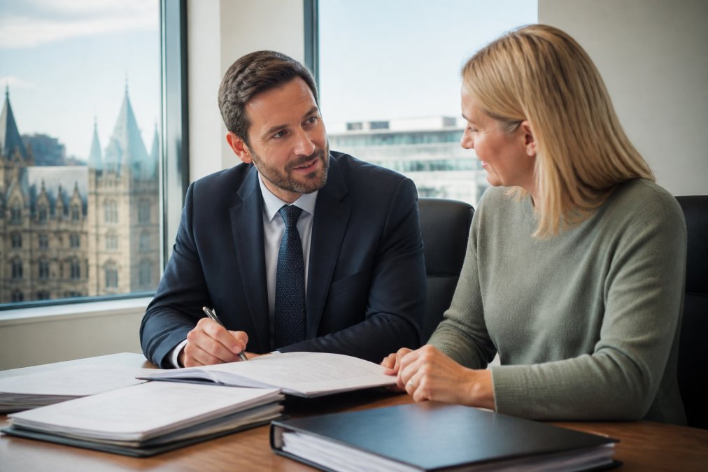 A professional solicitor in a modern Glasgow office reviewing case files with a client across a desk, bright natural light