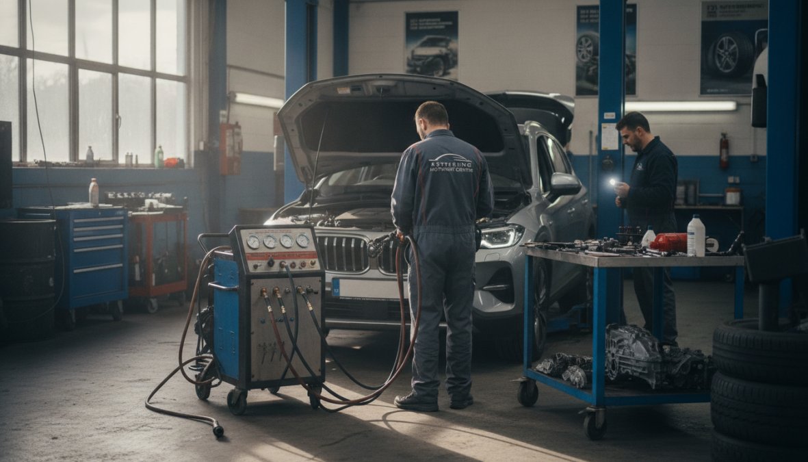 Automotive technician performing air conditioning service on a vehicle in a professional garage workshop, using diagnostic equipment and pressure gauges