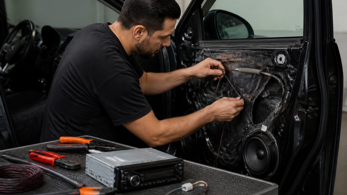 A technician in a clean work bay carefully routing speaker wire through a car door panel, tools and a head unit resting on a nearby bench